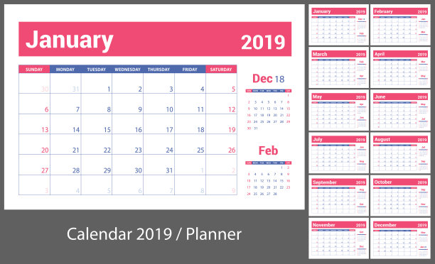 2019年日历。英语日历。颜色向量模板。一周从周日开始。业务规划新年计划。清洁最小的表。简单的设计图片下载