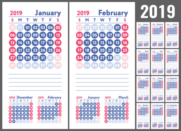 2019年日历。英语日历。颜色向量模板。一周从周日开始。业务规划新年计划。清洁最小的表。简单的设计图片下载