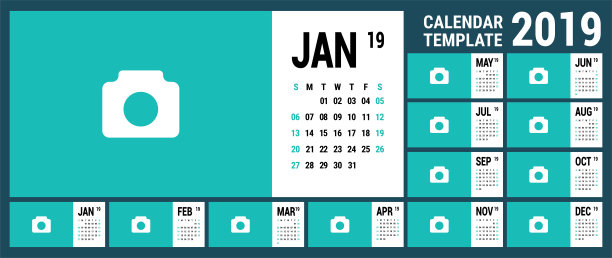 2019年日历。英语日历。颜色向量模板。一周从周日开始。业务规划新年计划。清洁最小的表。简单的设计图片下载