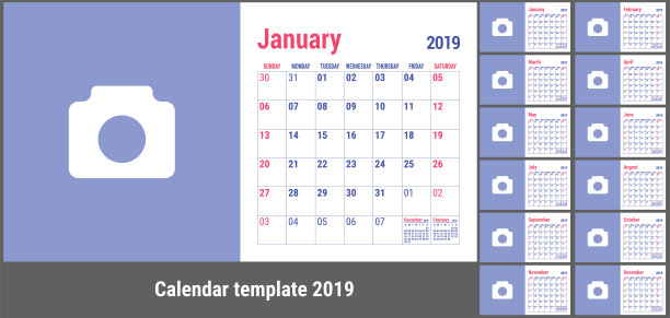 2019年日历。英语日历。颜色向量模板。一周从周日开始。业务规划新年计划。清洁最小的表。简单的设计图片下载