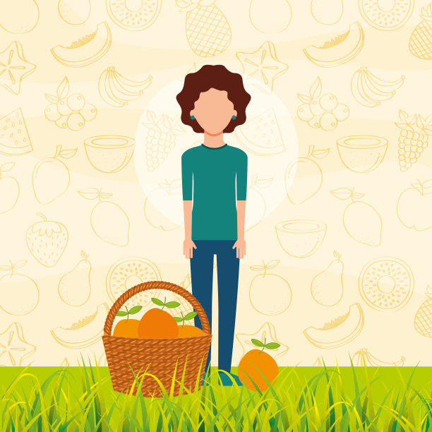 草地上有个装满橘子的篮子的女人图片下载