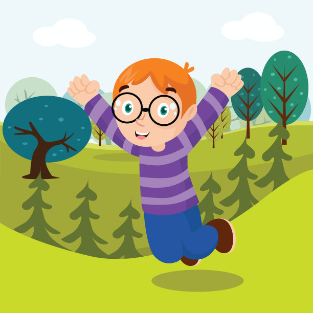 可爱的小男孩戴着眼镜，看起来开心快乐的是在一个绿色的牧场上跳跃的卡通人物图片下载