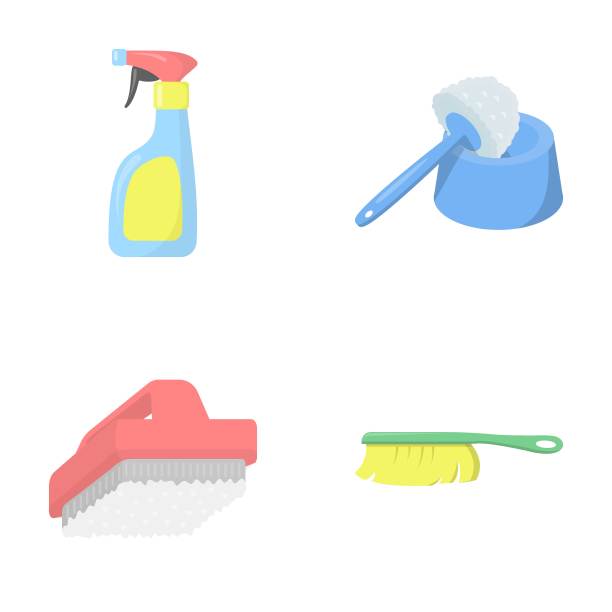 清洁和女保洁员卡通图标在集合设计。设备清洁矢量符号股票网络插图。图片下载
