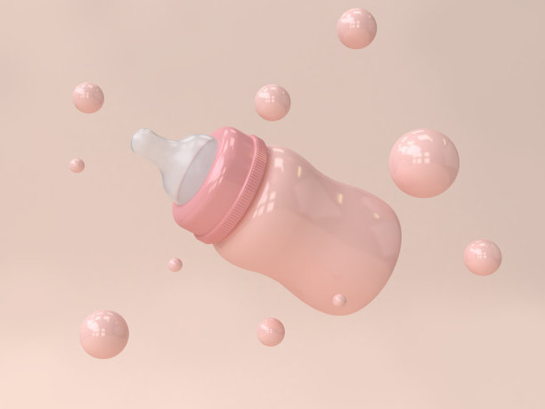 抽象婴儿奶瓶、牛奶和许多球体漂浮的3d渲染图片下载