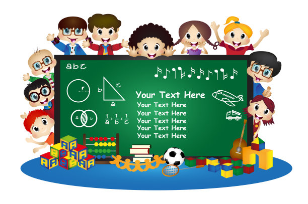 快乐的卡通孩子们在学校的黑板后面图片下载