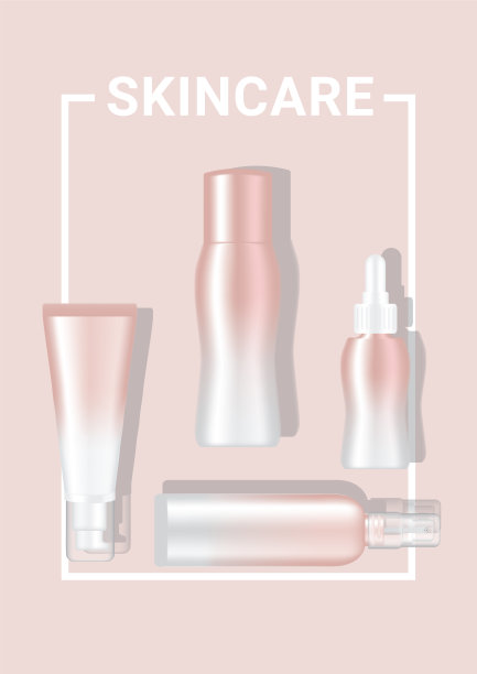 模拟逼真的玫瑰金粉彩瓶，泵，滴管和喷雾设置护肤，油，霜，身体乳液，洗发水和香皂在杂志或网站广告横幅背景插图图片下载