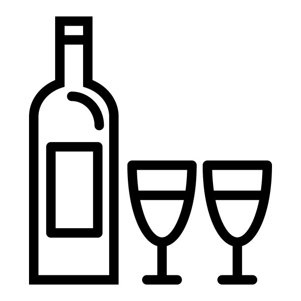 酒瓶和两个酒杯的图标。酒瓶矢量插图孤立在白色。玻璃轮廓风格设计，专为网页和应用设计。Eps 10。图片下载