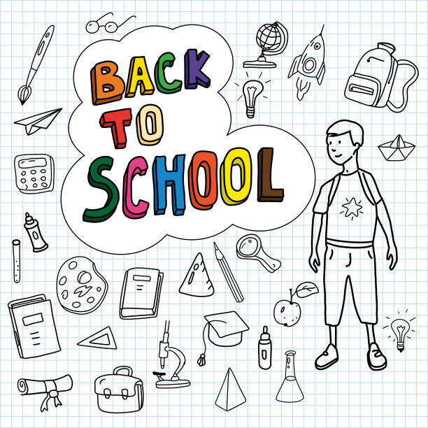 回到学校，用手绘的海报，男生上学，设置学校的图标，横幅，邀请卡，卡通风格，矢量，孤立图片下载