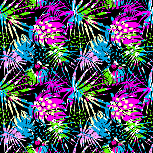 无缝夏日热带树叶图案，织物涂鸦垃圾纹理。图片下载