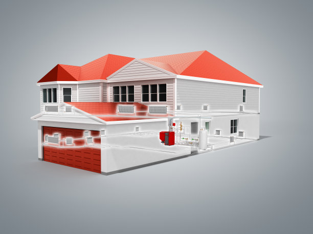 私人住宅供暖系统建筑概念3d渲染在灰色图片下载