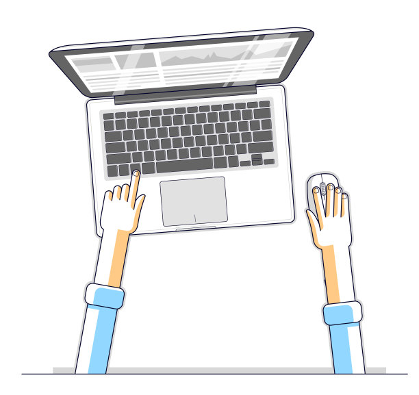 办公室工作人员或企业家商人在一个个人电脑笔记本电脑上工作，俯视图的工作办公桌与人的手，从上方看。矢量插图。图片下载