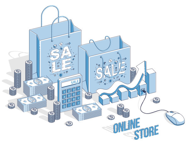 网上购物概念，网上商店，网上销售，购物袋与电脑鼠标和现金栈和计算器隔离。矢量3d等距商业和金融插图。图片下载