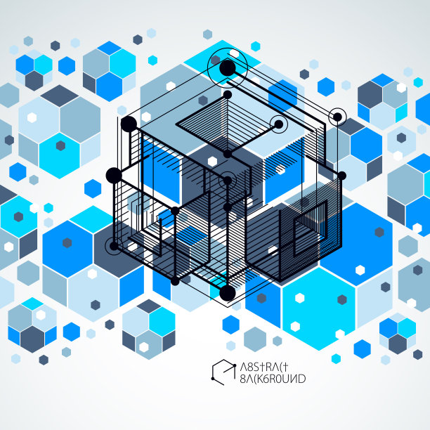 向量抽象几何三维立方体图案和蓝色背景。立方体，六边形，正方形，矩形和不同的抽象元素的布局。图片下载