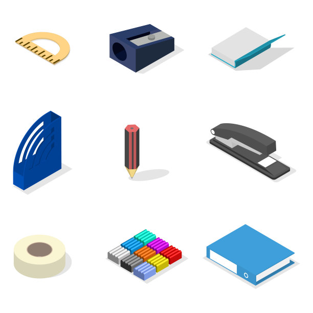 一套图标，办公室和学校。平面3d等距样式，矢量插图。图片下载