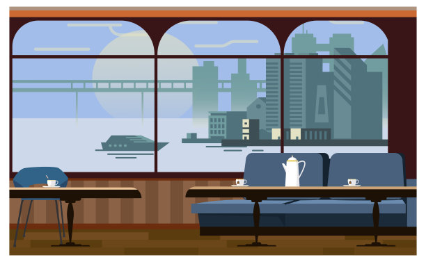 咖啡室内与桌子和沙发矢量插图图片下载