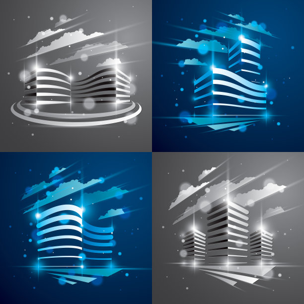 办公楼设置，现代建筑矢量插图与模糊的灯光和眩光效果。房地产房地产商业中心设计为蓝色和单色。大城市的3D未来主义立面。图片下载