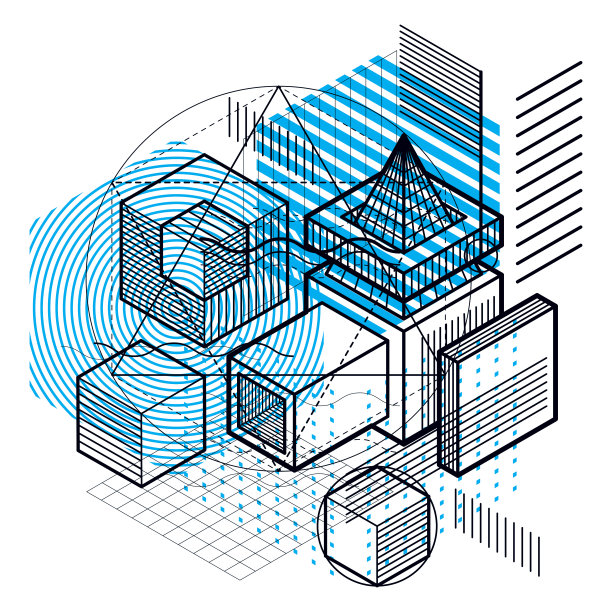 抽象等距背景，三维矢量布局。由立方体、六边形、正方形、长方形和不同的抽象元素组成。图片下载