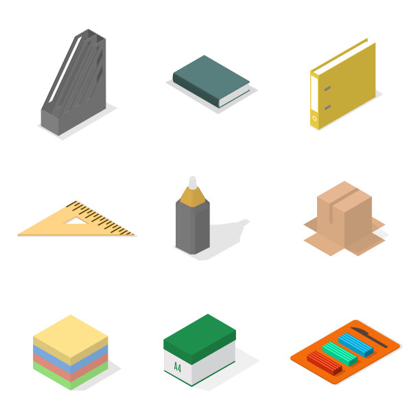 一套图标，办公室和学校。平面3d等距样式，矢量插图。图片下载
