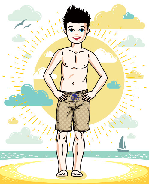 小男孩站在五颜六色的时尚沙滩短裤。向量的孩子说明。童年生活剪辑艺术。图片下载