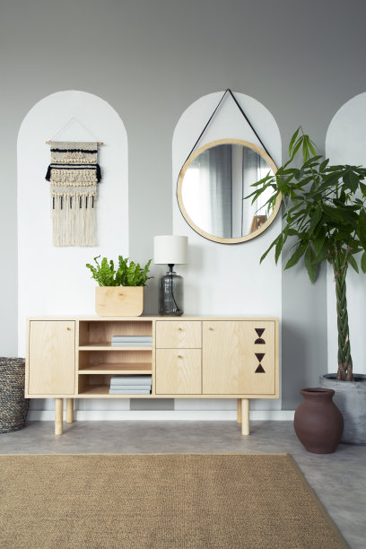 客厅木质橱柜上方的圆镜，里面有植物和地毯。真实的照片图片下载