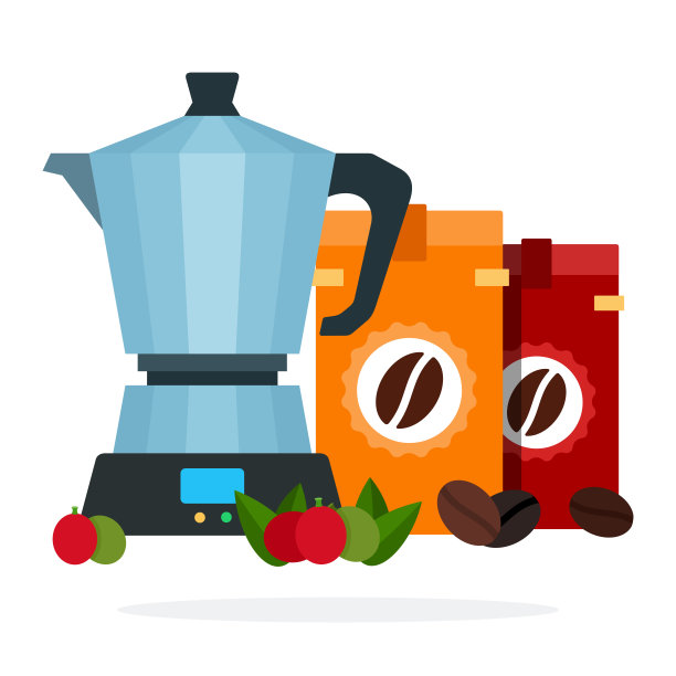 咖啡机与不同烘焙的咖啡包矢量平面隔离图片下载