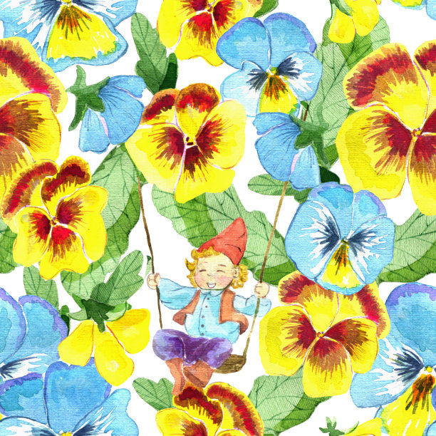 无缝模式与小侏儒的摆动和三色堇花在白色图片下载