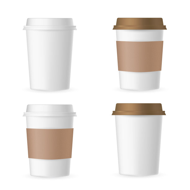 逼真的3d咖啡杯设置隔离在白色的背景，热的早晨饮料纸或塑料容器与光和棕色的盖子，纸板手保护广告模型。图片下载