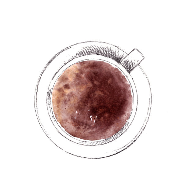 手绘杯美式咖啡，俯视图。用水彩颜料画素描。图片下载