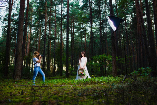 专业的婚礼摄影师使用频闪仪和软盒制作照片图片下载