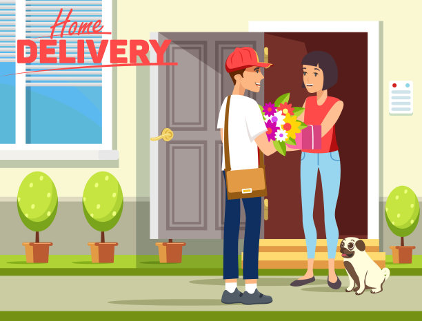 送礼物的男孩送礼物盒和鲜花给一个惊讶的女人。矢量图图片下载