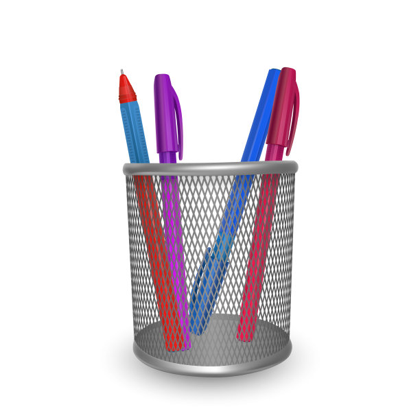 逼真的彩色钢笔，办公文具篮上的白色背景，矢量插图图片下载