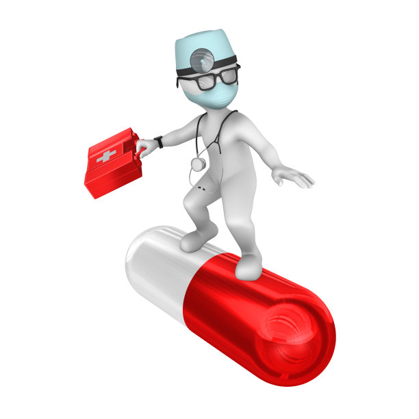 3d白色医生对大红色药丸孤立在白色背景。图片下载