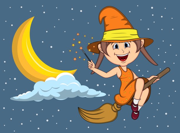 万圣节的巫婆用扫帚在月亮和星星之间飞翔图片下载