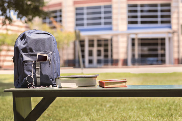 教育对象在学校前面的空长凳上。图片下载