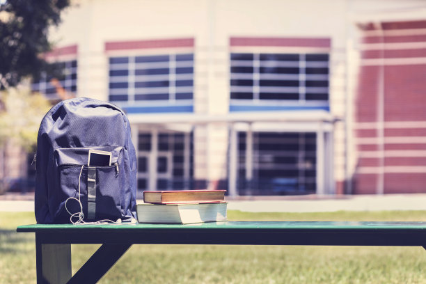 教育对象在学校前面的空长凳上。图片下载