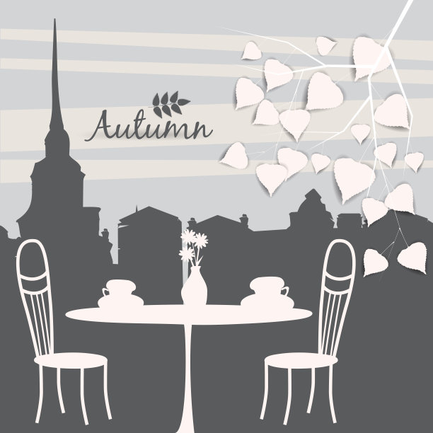 老城区街头户外咖啡馆，咖啡桌配杯，椅子，秋叶，秋的心情，浪漫，矢量，插图，卡片，孤立图片下载