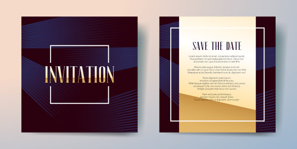 方形优雅的邀请卡与金色的图形元素和文字。图片下载