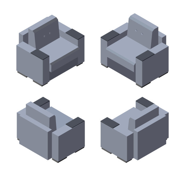 一套严格的办公室或房子等距沙发。三维视图图片下载