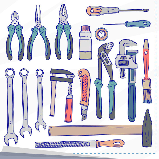 一套颜色不同的修理或施工工具手工绘制图片下载