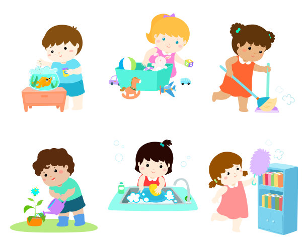 孩子做家务向量集。图片下载