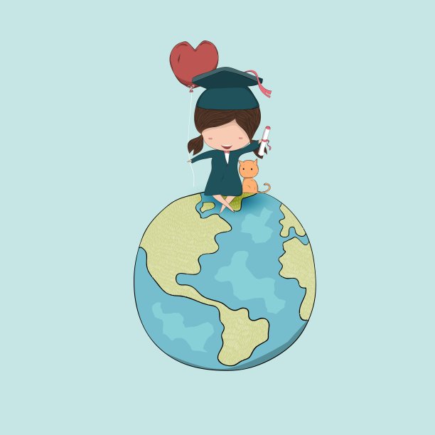 女孩毕业的学生和猫坐在地球仪上，手绘矢量图片下载