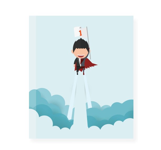 封面报道天空上一个笑脸盈盈的超级英雄商人。创业的概念。平面设计。矢量插图。图片下载