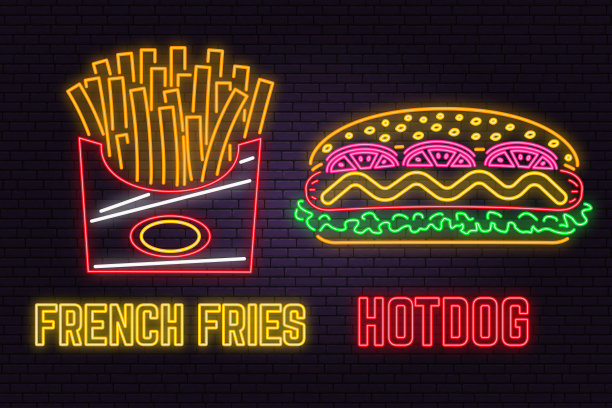 砖墙背景上的复古霓虹热狗和炸薯条标志。咖啡厅、餐厅设计。图片下载