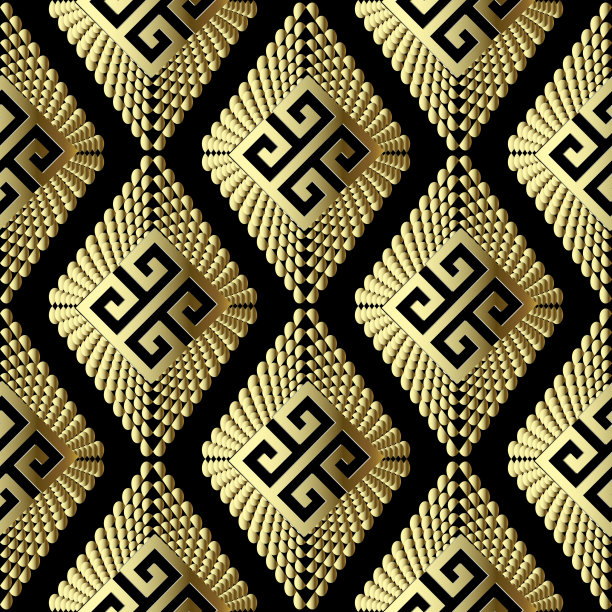 黄金几何三维希腊矢量无缝模式。图片下载