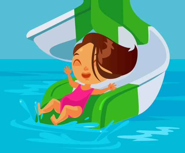 快乐微笑的小女孩在水上乐园玩滑水道。矢量平面卡通插图图片下载