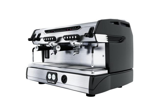 现代金属专业咖啡机为两杯咖啡在咖啡店正面视图3d渲染在白色背景上没有阴影图片下载