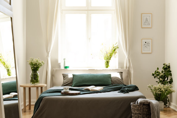 书和毯子在床上自然明亮的卧室室内植物，海报和镜子。真实的照片图片下载