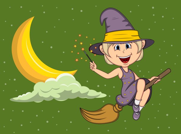 万圣节的巫婆用扫帚在月亮和星星之间飞翔图片下载