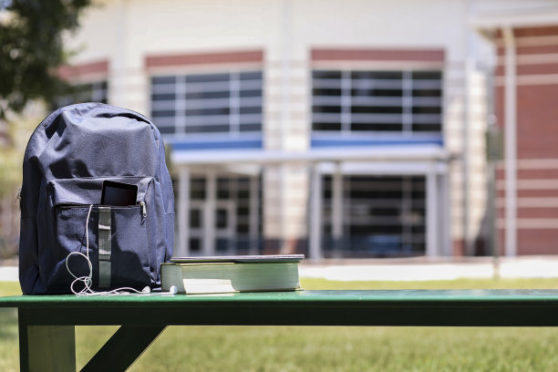 教育对象在学校前面的空长凳上。图片下载