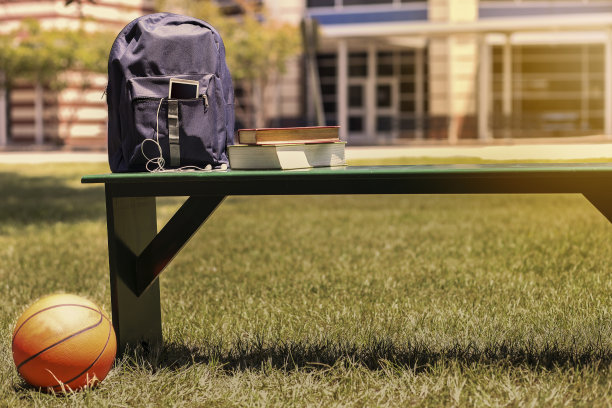 教育对象在学校前面的空长凳上。图片下载